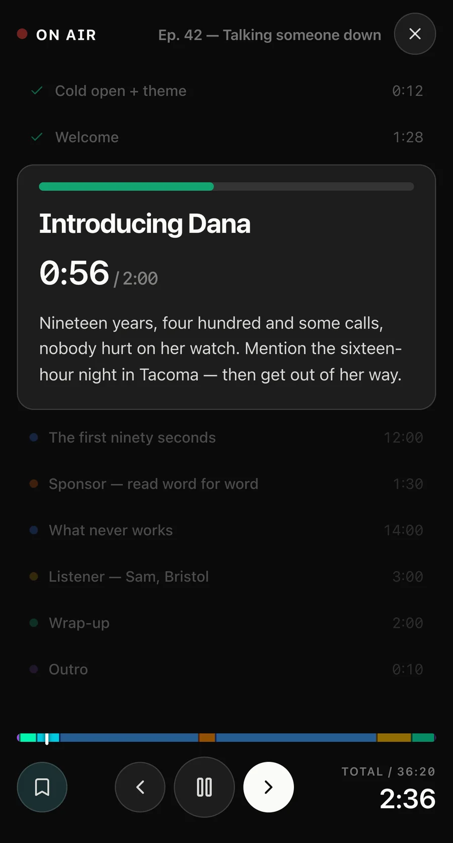 PodcastDraft on air: the guest introduction running at 0:56 of a planned 2:00, the cold open and welcome already ticked off, 2:36 into a 36:20 episode.