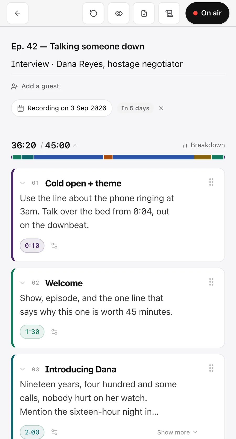 PodcastDraft on iPhone: the rundown for episode 42, running 36:20 of a 45:00 slot, each segment a coloured band on the timeline.