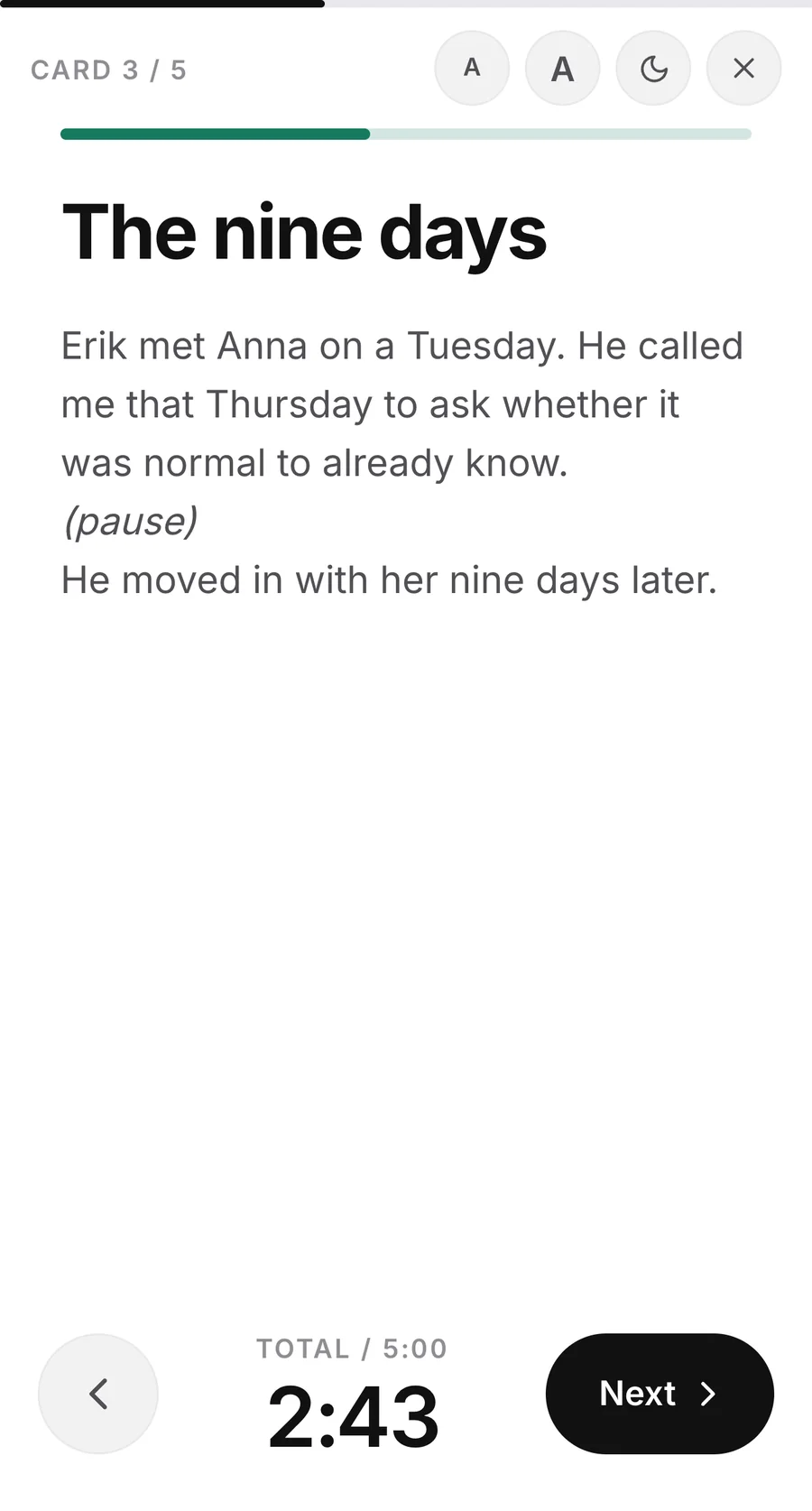 SpeechDraft cue card mode: one card per section in large type, with a stage clock