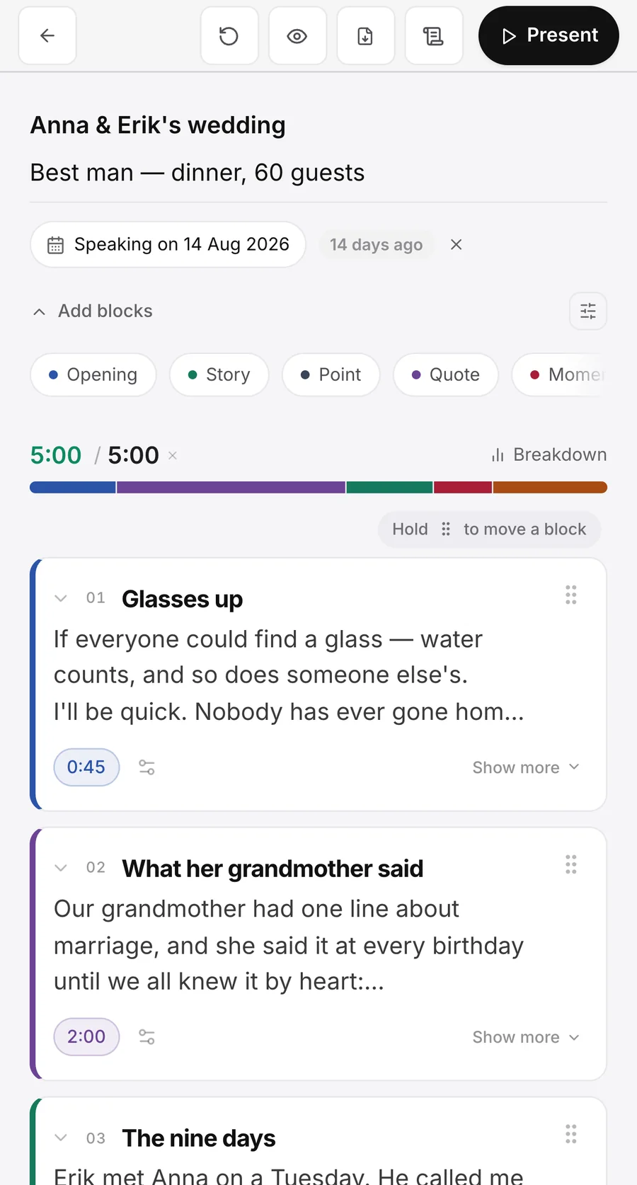 SpeechDraft on iPhone: the speech written inside its blocks, each block showing its lines and its length