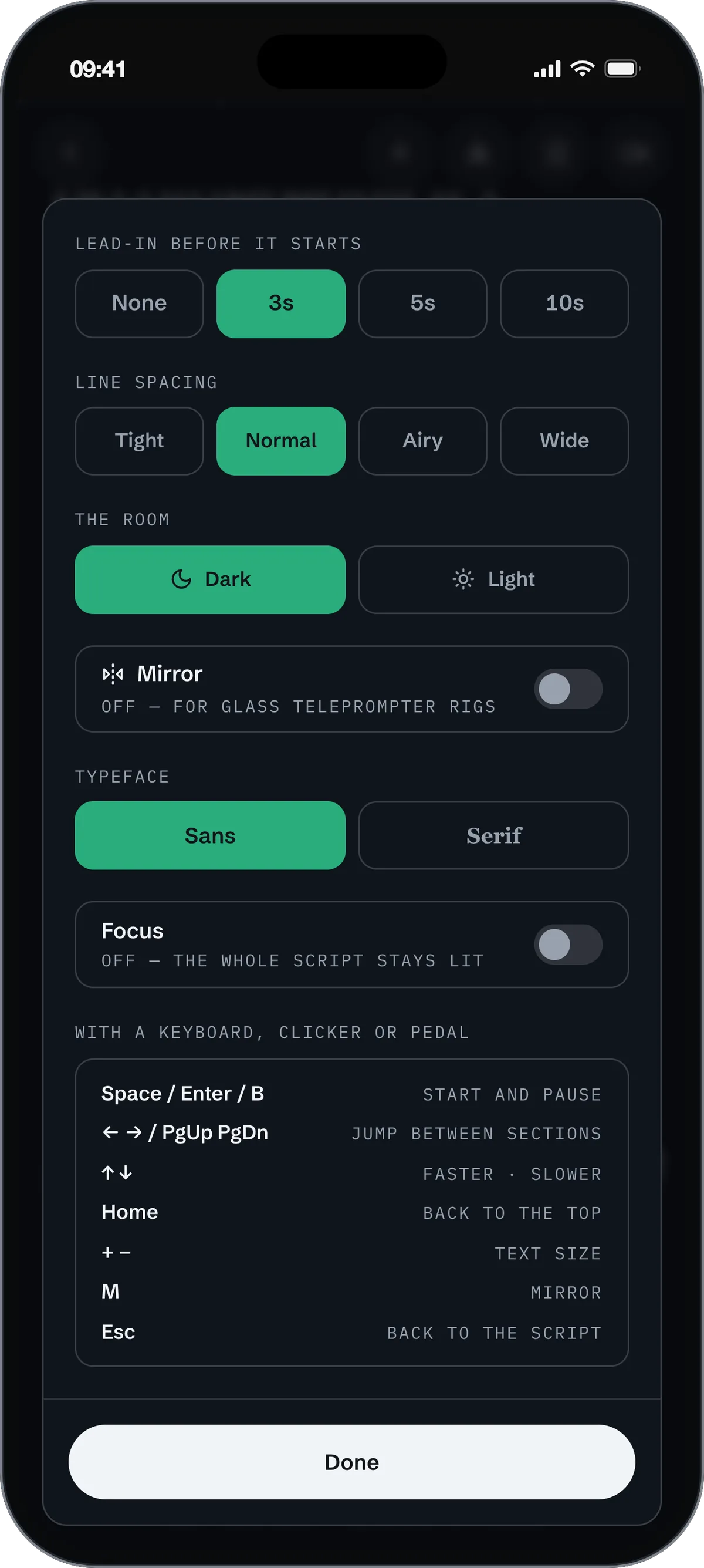 SteadyPrompter reading settings: lead-in, line spacing, dark or light, mirror for a beam splitter, and the keys a clicker sends
