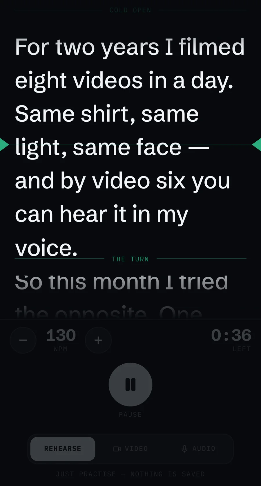 SteadyPrompter running: the script scrolling past the reading line at 130 words a minute with 0:36 left, and rehearse, video and audio modes along the bottom.