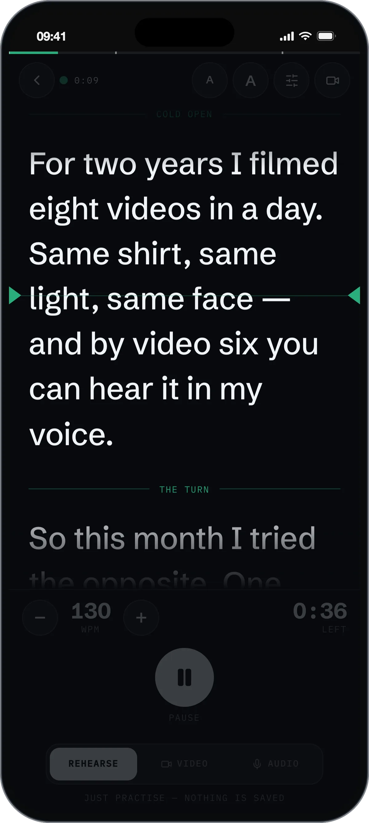 SteadyPrompter reading a script on stage: the reading line across the middle, words per minute and time left below