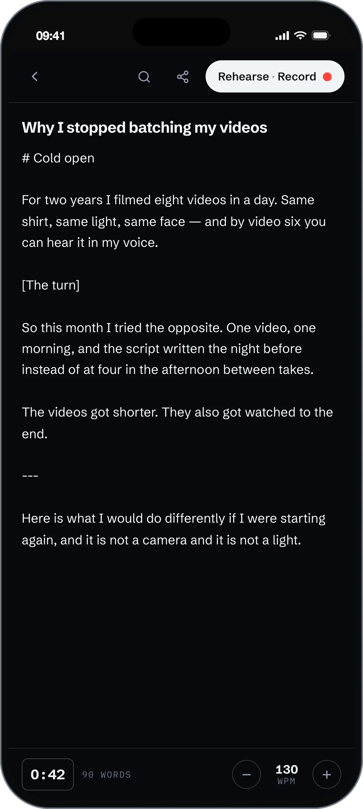 SteadyPrompter on iPhone: a script in the editor, with its running time and words per minute along the bottom